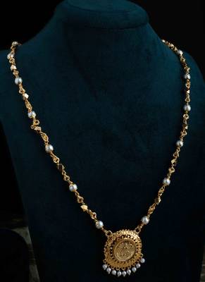 Long Gold & White Beaded Necklace with Laxmi Round Pendant 3