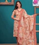 Maslin floral print orange colored print on beige base kurta set