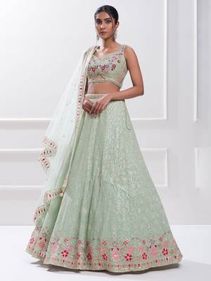 mint green georgette sequin embroidered lehenga set choli with dupatta 1
