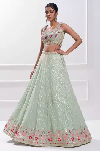 mint green georgette sequin embroidered lehenga set choli with dupatta