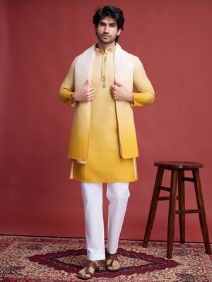 Yellow rayon mirror work wedding function festival marriage party wear straight kurta with dupatta 3