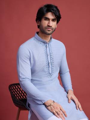 Sky blue viscose mirror work wedding function festival marriage party wear straight kurta 3