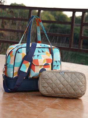peppy navy & multi polycotton canvas & pu abstract printed duffel travel bag 1
