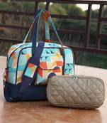 peppy navy & multi polycotton canvas & pu abstract printed duffel travel bag