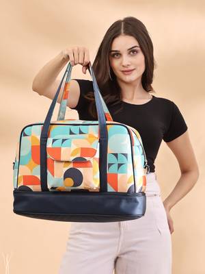 peppy navy & multi polycotton canvas & pu abstract printed duffel travel bag 3