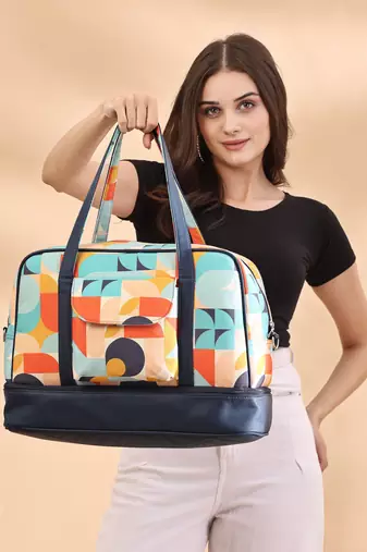 peppy navy & multi polycotton canvas & pu abstract printed duffel travel bag