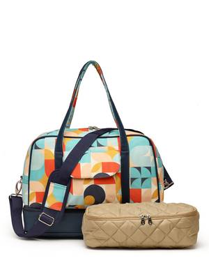peppy navy & multi polycotton canvas & pu abstract printed duffel travel bag 4