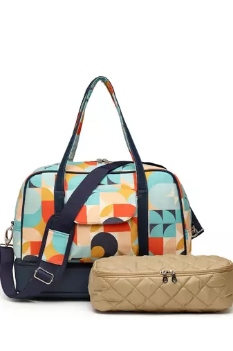 peppy navy & multi polycotton canvas & pu abstract printed duffel travel bag