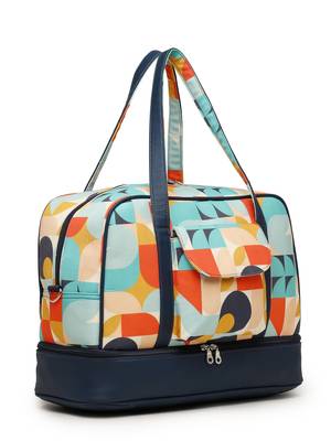 peppy navy & multi polycotton canvas & pu abstract printed duffel travel bag 5