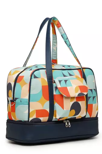 peppy navy & multi polycotton canvas & pu abstract printed duffel travel bag