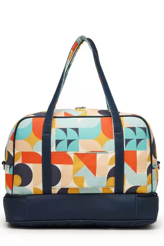 peppy navy & multi polycotton canvas & pu abstract printed duffel travel bag