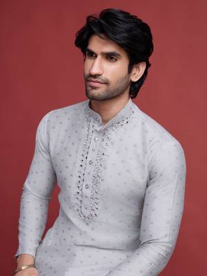 Beige viscose mirror work wedding function festival marriage party wear straight kurta 3