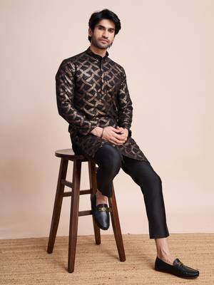 Black silk thread and sequins embroidered work wedding function festival marriage party wear straight kurta 1