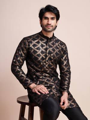 Black silk thread and sequins embroidered work wedding function festival marriage party wear straight kurta 3