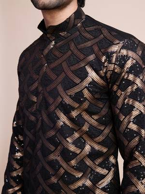 Black silk thread and sequins embroidered work wedding function festival marriage party wear straight kurta 4