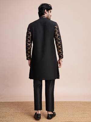 Black silk thread and sequins embroidered work wedding function festival marriage party wear straight kurta 6