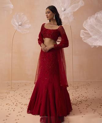 Red Fishtail Lehanga Set 1