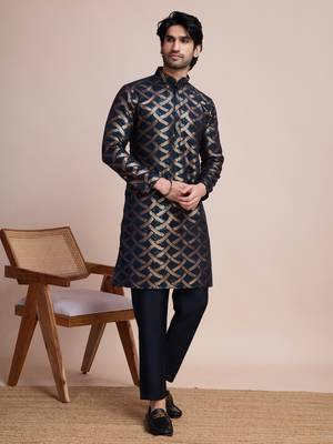 Navy blue silk thread and sequins embroidered work wedding function festival marriage party wear straight kurta 1