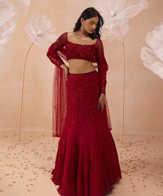 Red Fishtail Lehanga Set 4