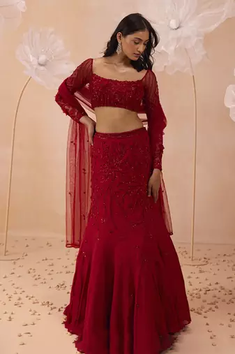 Red Fishtail Lehanga Set