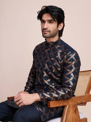 Navy blue silk thread and sequins embroidered work wedding function festival marriage party wear straight kurta 3