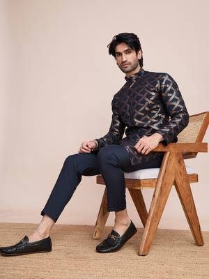 Navy blue silk thread and sequins embroidered work wedding function festival marriage party wear straight kurta 4