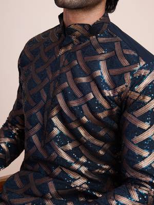 Navy blue silk thread and sequins embroidered work wedding function festival marriage party wear straight kurta 5