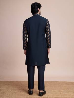 Navy blue silk thread and sequins embroidered work wedding function festival marriage party wear straight kurta 6