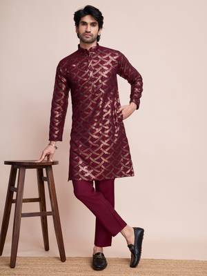 Maroon silk thread and sequins embroidered work wedding function festival marriage party wear straight kurta 1