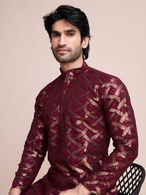 Maroon silk thread and sequins embroidered work wedding function festival marriage party wear straight kurta 3