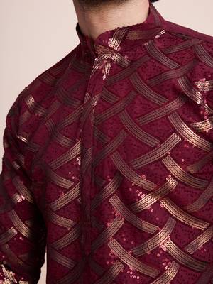 Maroon silk thread and sequins embroidered work wedding function festival marriage party wear straight kurta 4