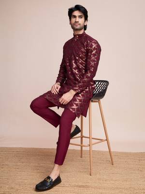 Maroon silk thread and sequins embroidered work wedding function festival marriage party wear straight kurta 5