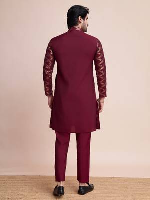 Maroon silk thread and sequins embroidered work wedding function festival marriage party wear straight kurta 6