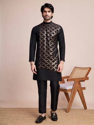 Black silk thread and sequins embroidered work wedding function festival marriage party wear straight kurta 1