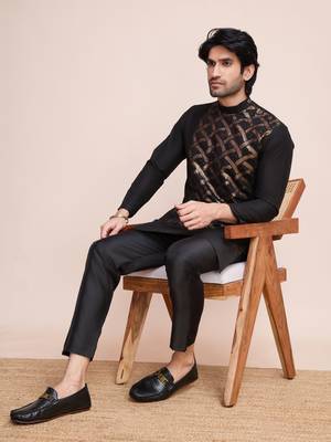 Black silk thread and sequins embroidered work wedding function festival marriage party wear straight kurta 4