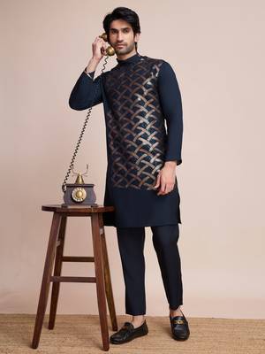 Navy blue silk thread and sequins embroidered work wedding function festival marriage party wear straight kurta 1