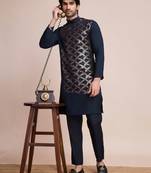 Navy blue silk thread and sequins embroidered work wedding function festival marriage party wear straight kurta