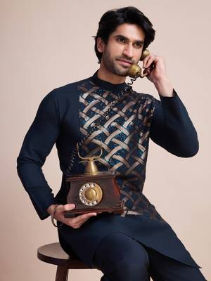 Navy blue silk thread and sequins embroidered work wedding function festival marriage party wear straight kurta 3