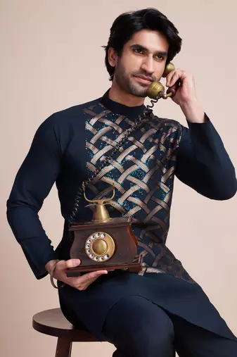 Navy blue silk thread and sequins embroidered work wedding function festival marriage party wear straight kurta