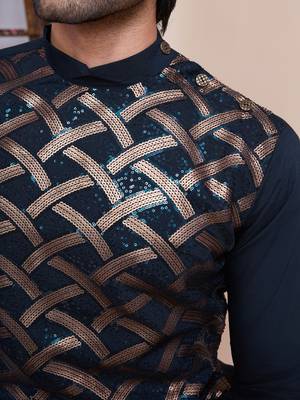 Navy blue silk thread and sequins embroidered work wedding function festival marriage party wear straight kurta 4