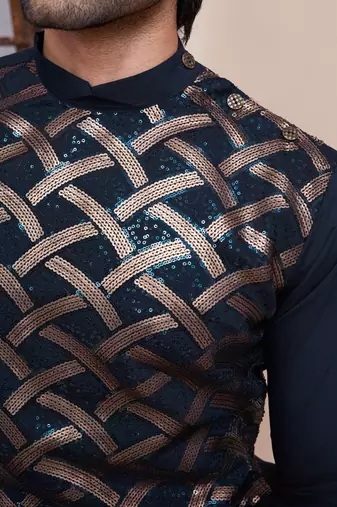 Navy blue silk thread and sequins embroidered work wedding function festival marriage party wear straight kurta