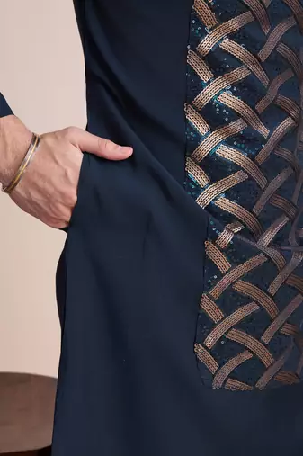 Navy blue silk thread and sequins embroidered work wedding function festival marriage party wear straight kurta