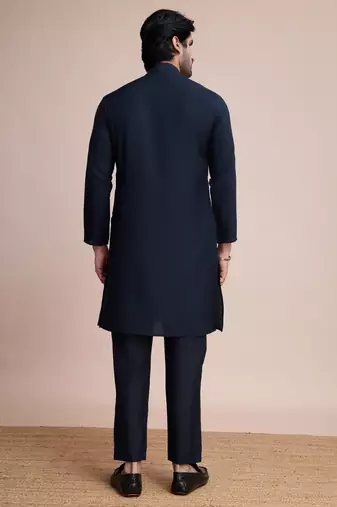 Navy blue silk thread and sequins embroidered work wedding function festival marriage party wear straight kurta