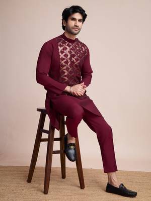 maroon silk thread and sequins embroidered straight kurta 1