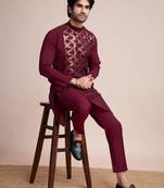 maroon silk thread and sequins embroidered straight kurta