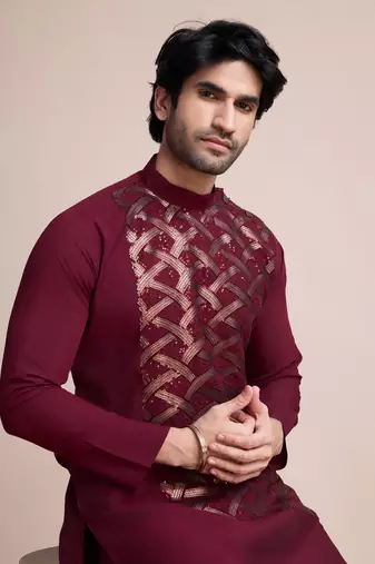 maroon silk thread and sequins embroidered straight kurta