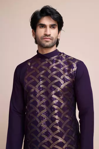 purple silk thread and sequins embroidered straight kurta