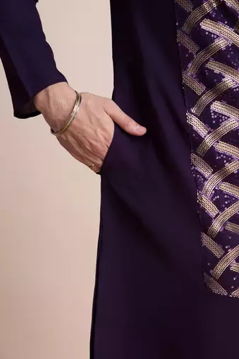 purple silk thread and sequins embroidered straight kurta