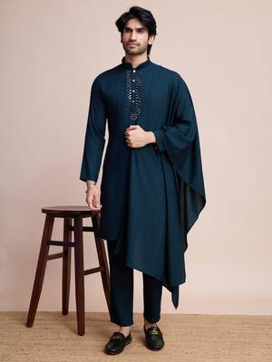 Teal blue viscose jari weaving mirror work wedding function festival marriage party wear straight kurta pant dupatta 1