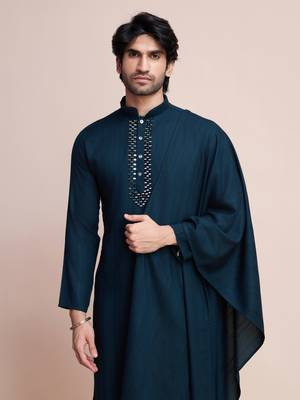 Teal blue viscose jari weaving mirror work wedding function festival marriage party wear straight kurta pant dupatta 3